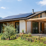 Bioedilizia: cos'è, come funziona e quali sono i vantaggi Casa in bioedilizia immersa nel verde — Casa moderna in legno e materiali naturali, circondata da un giardino, con grandi finestre e luce naturale.
