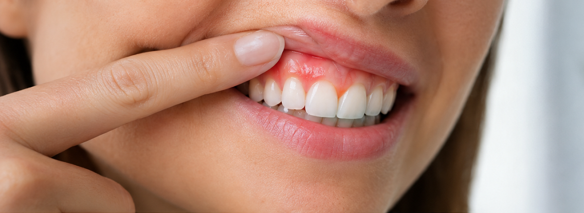 Gengive infiammate e arrossate in primo piano con denti visibili