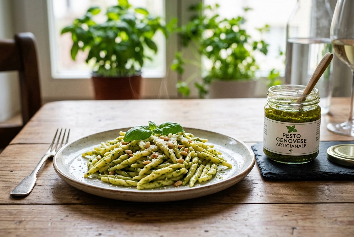 Piatto di pasta con pesto alla genovese